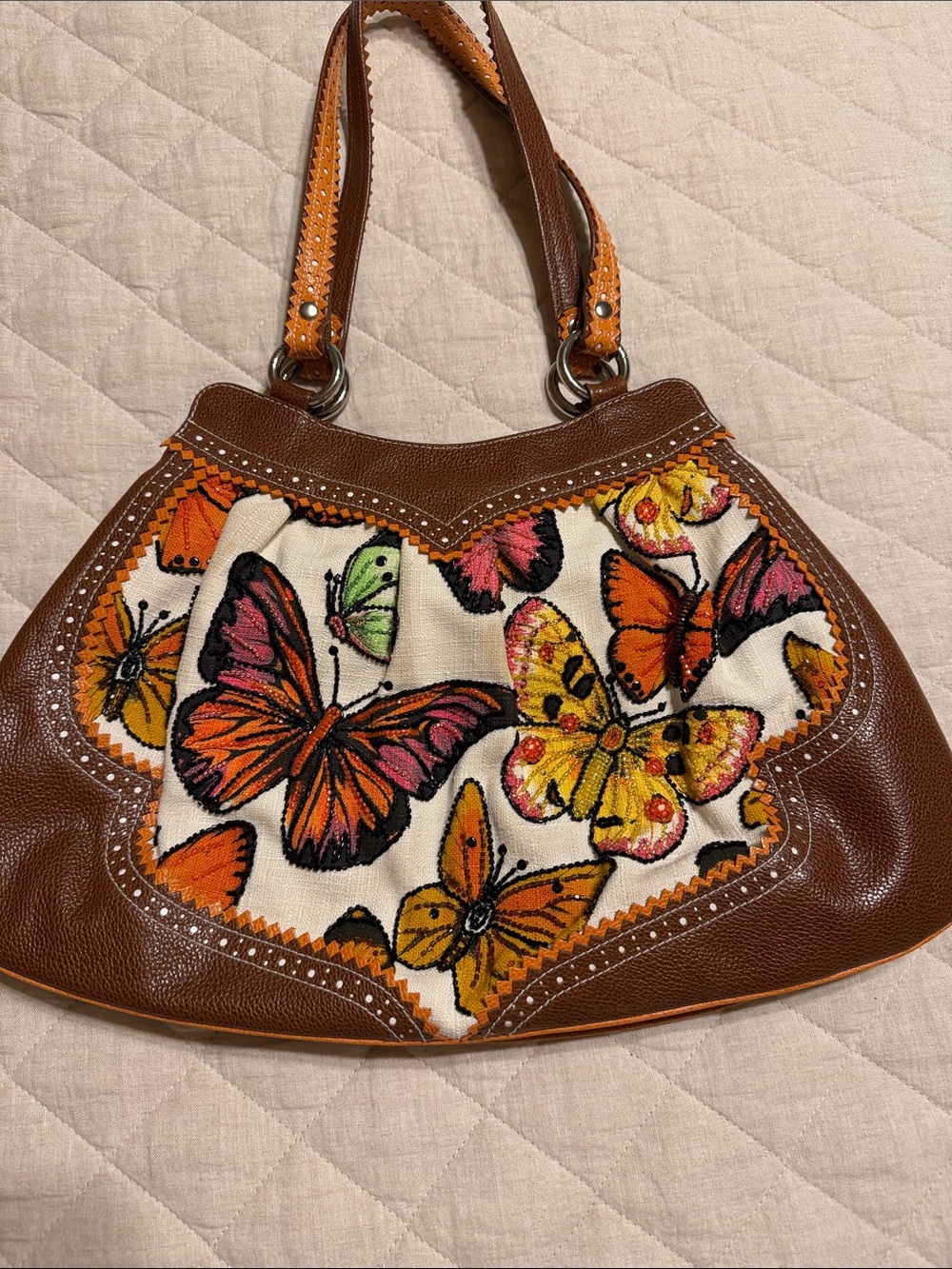 Isabella Fiore Vintage Brown Butterfly-Print Canvas with beading Leather  Bag